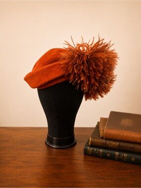 Vintage 1940s Rust Orange Velour Cocktail Hat with Feather Pom-Pom Flo-Gene NY